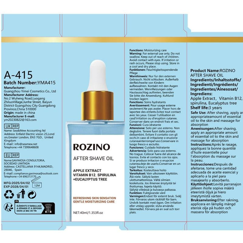 ROZINO After Shave Oil Soothing & Gentle for Sensitive Skin with Apple Extract Vitamin B3 Spirulina Eucalyptus Tree 40ml