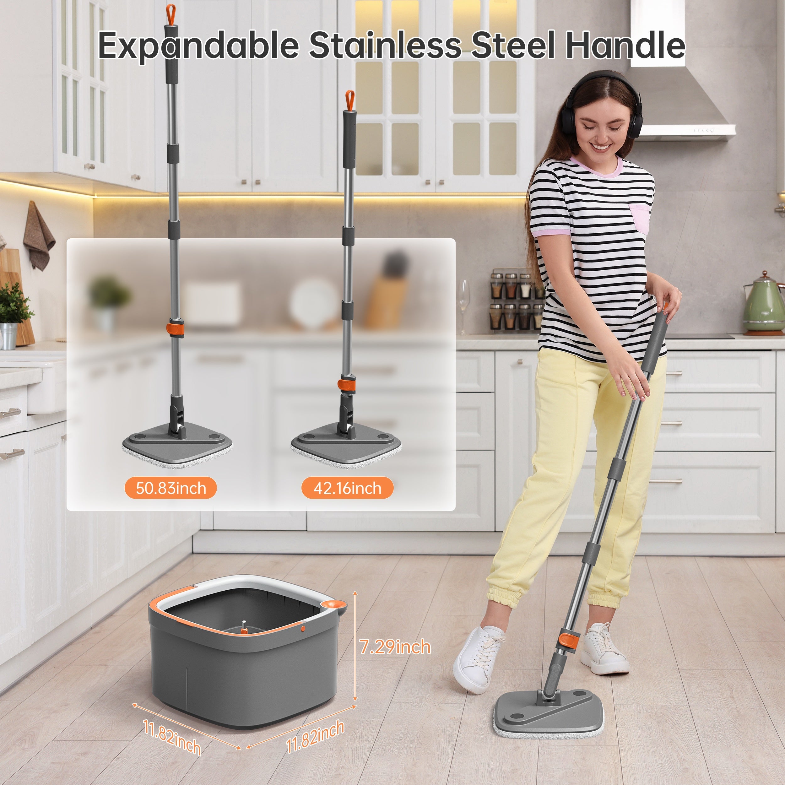 Spin Mop and Bucket Set w\u002F Self-Cleaning Dual-Tank System, 360° Spinning Mop Head for All Floor Types - 2\u002F 6pcs Microfiber Refills