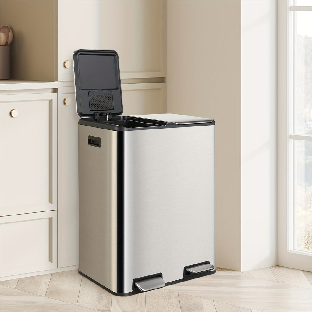 16 Gal Dual Kitchen Trash Can W\u002F2 Built-in Box for Odor Control, Hands-Free Garbage Bin, Recycle Waste Dustbin, Soft-Close Lid, 2 Buckets, Foot Pedal, Side Handle, Airtight, for Home Office, Bedroom Trash Can with Lid, Stainless Steel Trash Can