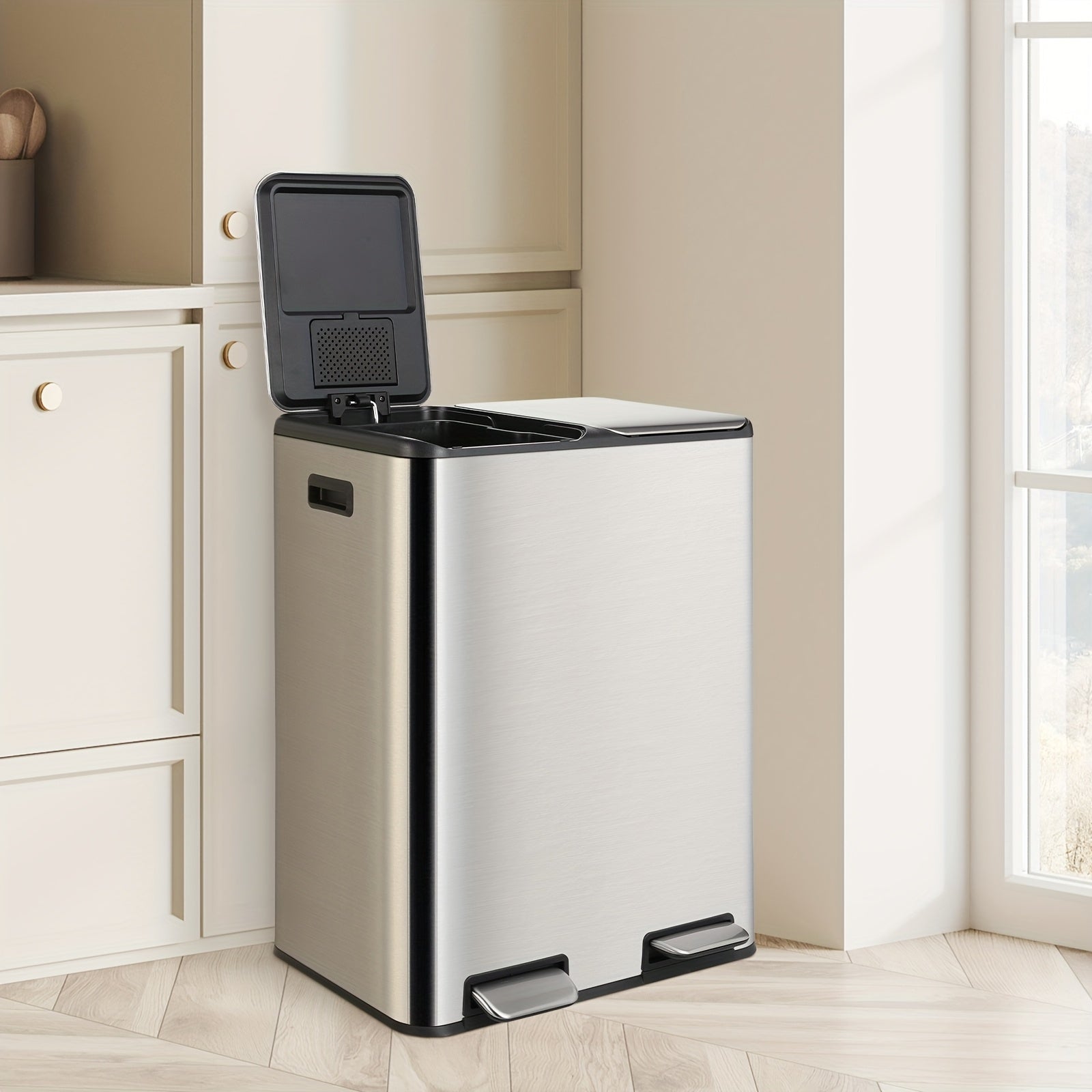 16 Gal Dual Kitchen Trash Can W\u002F2 Built-in Box for Odor Control, Hands-Free Garbage Bin, Recycle Waste Dustbin, Soft-Close Lid, 2 Buckets, Foot Pedal, Side Handle, Airtight, for Home Office, Bedroom Trash Can with Lid, Stainless Steel Trash Can