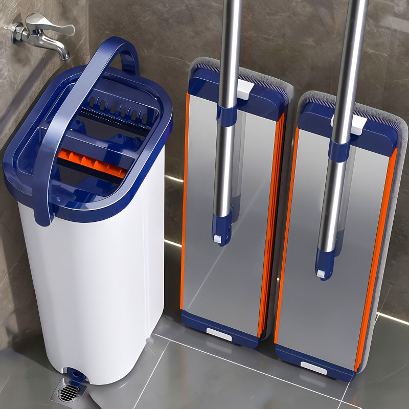 Mop And Bucket with Wringer Set for Home, Sturdy Aluminium Mops for Floor Cleaning, Large Flat Mopping Bucket System, Wall Cleaner with 6 Microfiber Pads, for Cleaning Floors, Windows, Courtyards, And Bathrooms.(Mop + Bucket + 6 Cloths)