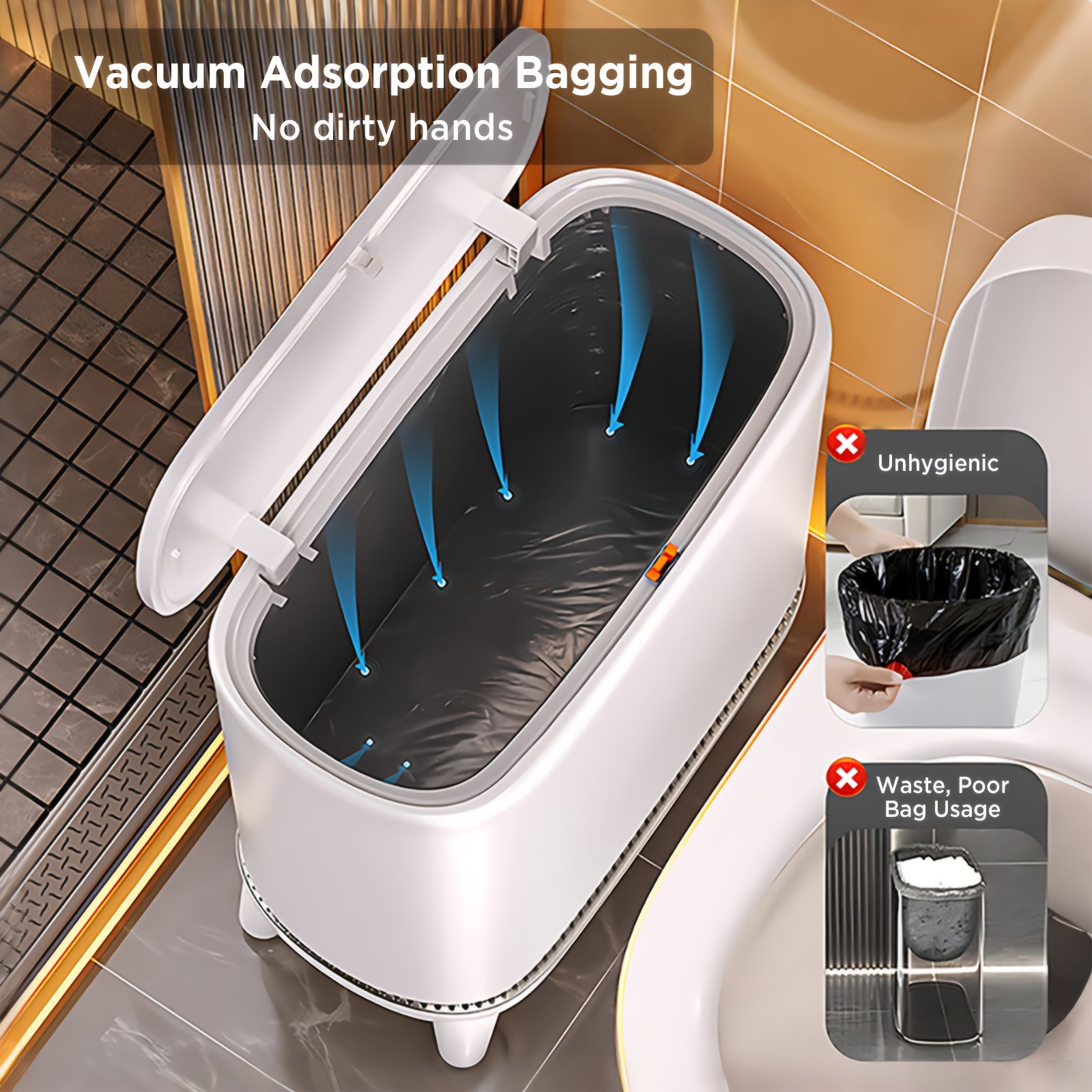 Slim Garbage Bin with a Press Lid, 3.3 Gallons\u002F12 Liters, Featuring Vacuum Adsorption, Includes 20 Bags, Suitable for Bedroom, RV, Office, Kitchen, And Craft Room, in White