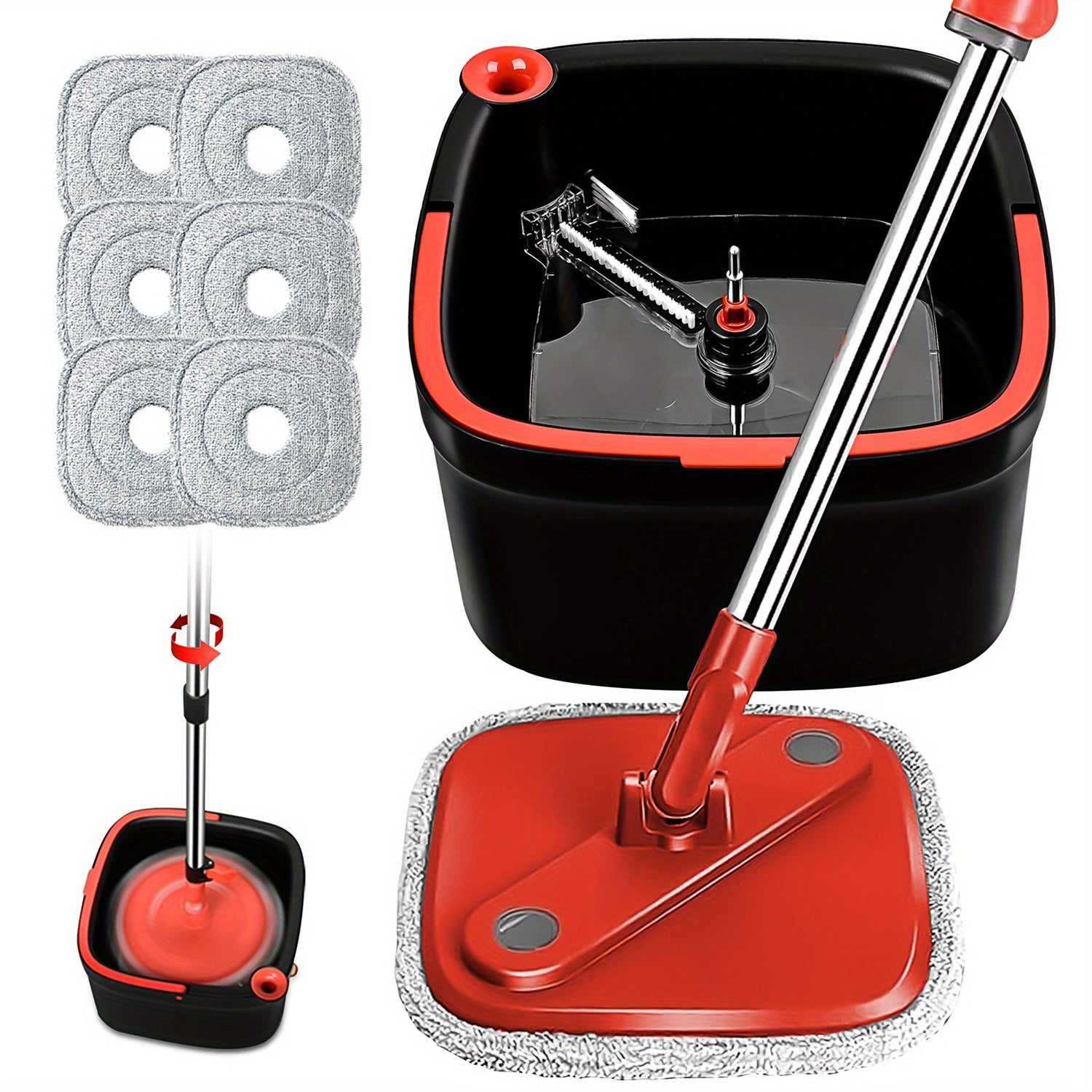 Spin Mop and Bucket Set w\u002F Self-Cleaning Dual-Tank System, 360° Spinning Mop Head for All Floor Types - 2\u002F 6pcs Microfiber Refills