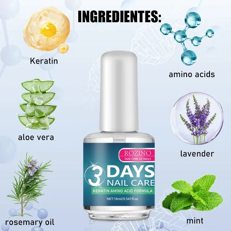 [3 bottles]ROZINO 3 Days Nail Care - Keratin Amino Acid Formula for Superior Nail Nourishment Manicure Treatment with High Brightness & Scratch Resistance 16ml