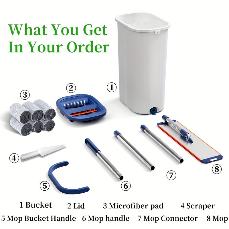 Mop And Bucket with Wringer Set for Home, Sturdy Aluminium Mops for Floor Cleaning, Large Flat Mopping Bucket System, Wall Cleaner with 6 Microfiber Pads, for Cleaning Floors, Windows, Courtyards, And Bathrooms.(Mop + Bucket + 6 Cloths)