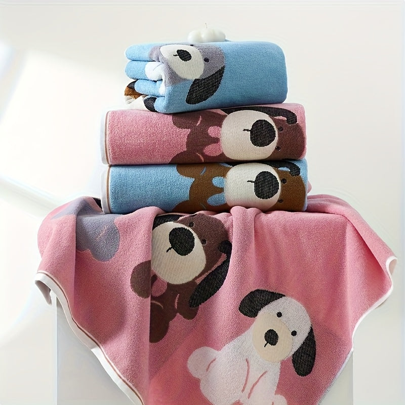 A Soft, Absorbent Cotton Bath Towel Featuring a Cute Cartoon Print of Three Dogs. It Has Excellent Water Absorption, Dries Quickly, And Is Gentle on The Skin. This Oversized And Thick Towel\u002FBlanket Has a Modern Style, Is Made from Fabric