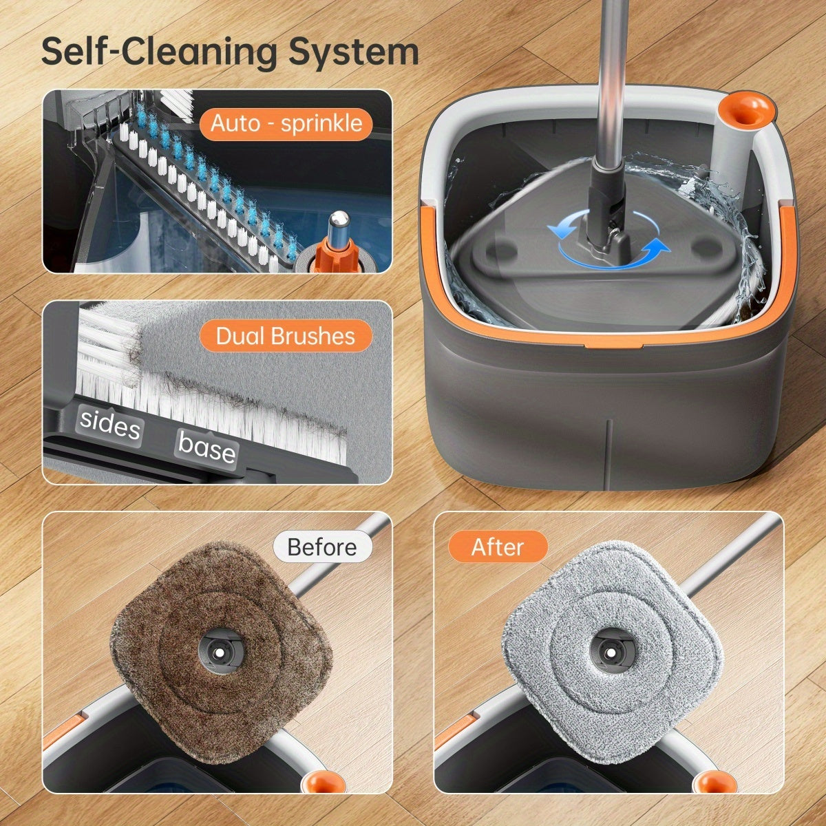 Spin Mop and Bucket Set w\u002F Self-Cleaning Dual-Tank System, 360° Spinning Mop Head for All Floor Types - 2\u002F 6pcs Microfiber Refills