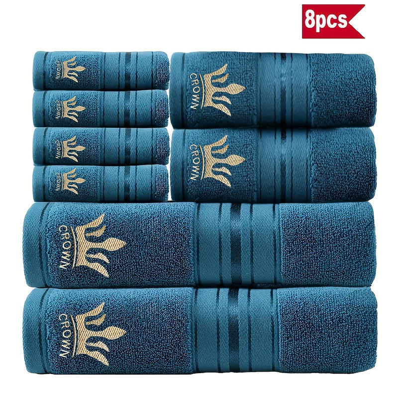 8pcs Luxury Hotel High-Quality Cotton Bath Towel Set, Including 2 Bath Towels, 2 Bath Towels, 4 Washcloth, Soft Skin-friendly Absorbent, Very Suitable For Bathrooms, Hotels, SPA-390GSM Cotton, Crown Embroidery, Wash Cloths