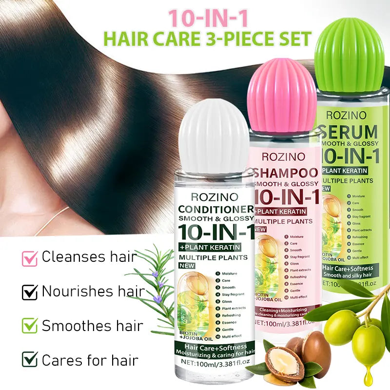 ROZINO 10 in 1 Hair Care Set Shampoo Conditioner Serum 100ml Keratin Jojoba Oil Long-lasting hydration and smoothness Plump and voluminous Essential moisture for radiant shine Suitable for all hair types