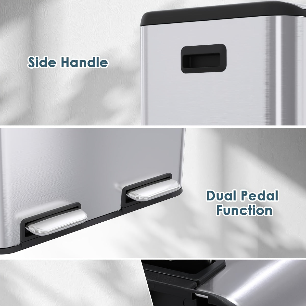 16 Gal Dual Kitchen Trash Can W\u002F2 Built-in Box for Odor Control, Hands-Free Garbage Bin, Recycle Waste Dustbin, Soft-Close Lid, 2 Buckets, Foot Pedal, Side Handle, Airtight, for Home Office, Bedroom Trash Can with Lid, Stainless Steel Trash Can