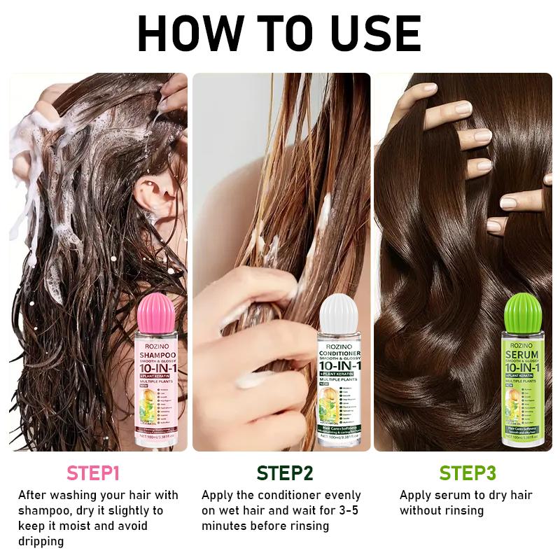 ROZINO 10 in 1 Hair Care Set Shampoo Conditioner Serum 100ml Keratin Jojoba Oil Long-lasting hydration and smoothness Plump and voluminous Essential moisture for radiant shine Suitable for all hair types
