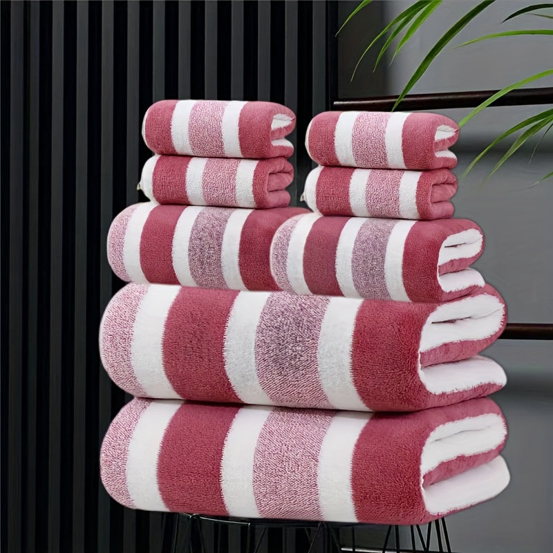 8pcs set, no hair loss, super absorbent, super soft two-color striped interval bath towel combination, including 2 large bath towels, 2 large face towels, 4 hand towels