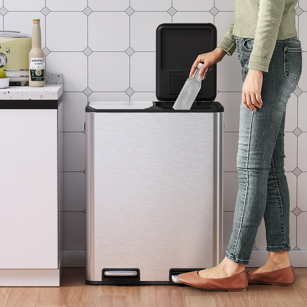 16 Gal Dual Kitchen Trash Can W\u002F2 Built-in Box for Odor Control, Hands-Free Garbage Bin, Recycle Waste Dustbin, Soft-Close Lid, 2 Buckets, Foot Pedal, Side Handle, Airtight, for Home Office, Bedroom Trash Can with Lid, Stainless Steel Trash Can