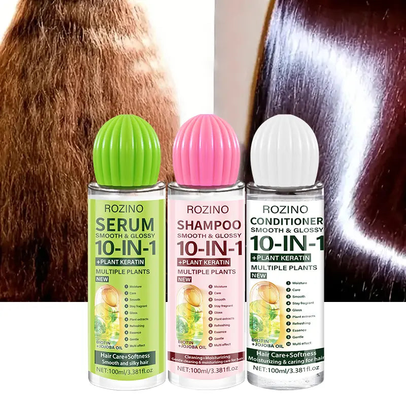 ROZINO 10 in 1 Hair Care Set Shampoo Conditioner Serum 100ml Keratin Jojoba Oil Long-lasting hydration and smoothness Plump and voluminous Essential moisture for radiant shine Suitable for all hair types