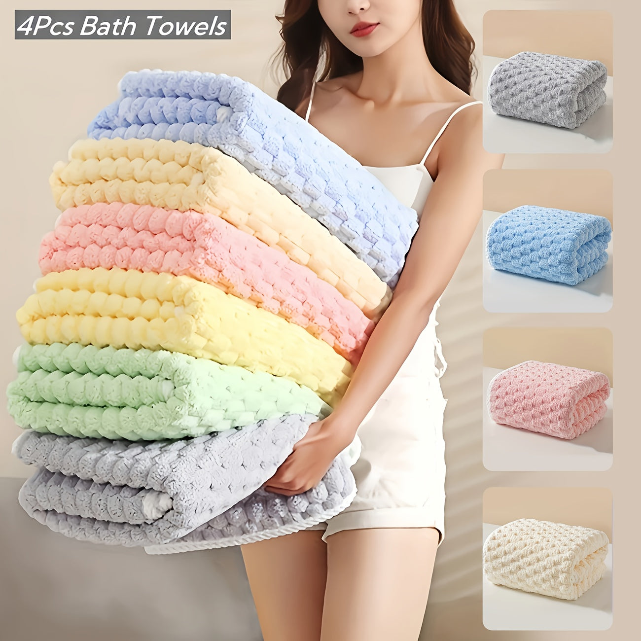 Pack Of 4 Waffled Super Soft Bath Towels - Super Absorbent Quick-Drying Microfiber Towels for Adults - 80%, 20% Polyamide - Suitable for Spa, Fitness, Travel & Everyday Use - Perfect Gift for Home & Gym