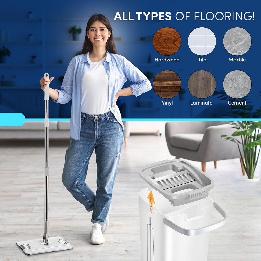 Hands-Free Flat Mop and Bucket Set with 6 Mop Heads - Heavy-Duty Plastic Construction, Space-Saving Bucket with Storage - Wet\u002FDry Cleaning System for Hardwood, Tile, Linoleum Floors - Ideal for Home, Office, Bathroom, Kitchen - Commercial & Resident