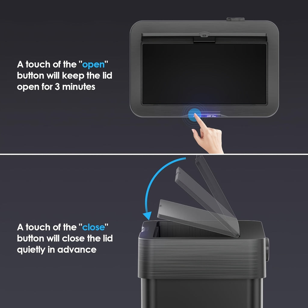 18.5 Gallon (suitable for 60L) Automatic Sensor Trash Can with Touchless Operation, Soft-Close Lid & Bag Holder - Smart Self-Closing Garbage Bin for Kitchen, Office, RV - Brushed Stainless Steel Modern Smart Bin (Low Reminder)