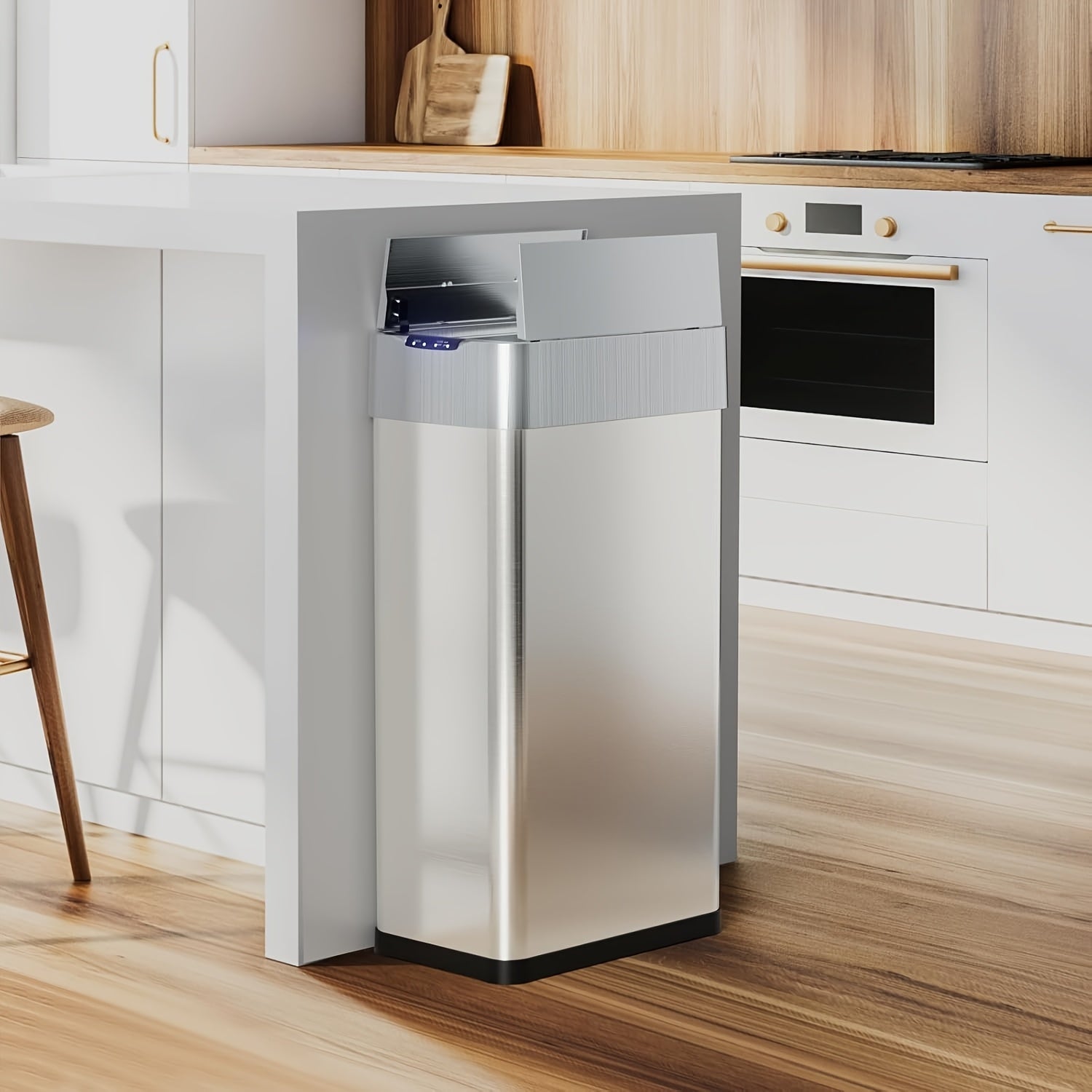 18.5 Gallon (suitable for 60L) Automatic Sensor Trash Can with Touchless Operation, Soft-Close Lid & Bag Holder - Smart Self-Closing Garbage Bin for Kitchen, Office, RV - Brushed Stainless Steel Modern Smart Bin (Low Reminder)
