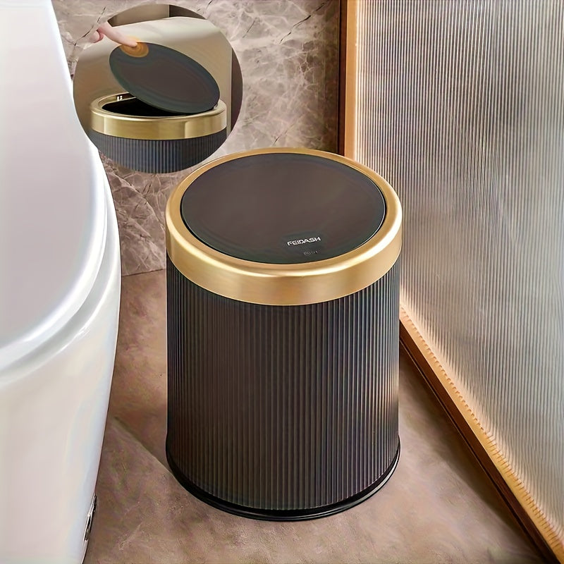1pc 12L Luxury Large Capacity Push-Lid Trash Can, Dual Inner Buckets, Odor-Sealing Oval Garbage Bin, Modern Plastic Waste Container for Kitchen, Bedroom, Living Room, Bathroom, Bedroom Trash Can, Bathroom Garbage Bin, Contemporary Waste Bin