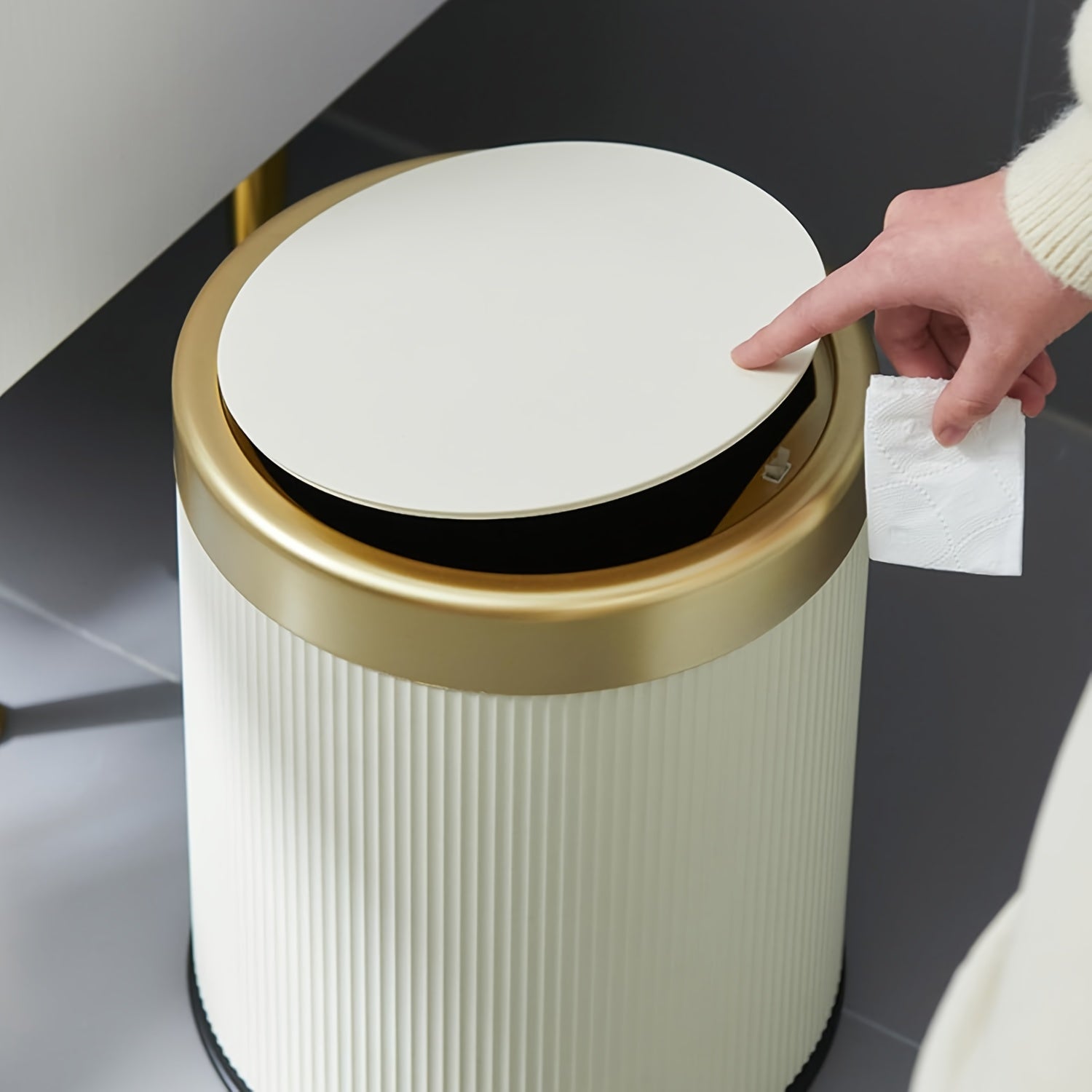 1pc 12L Luxury Large Capacity Push-Lid Trash Can, Dual Inner Buckets, Odor-Sealing Oval Garbage Bin, Modern Plastic Waste Container for Kitchen, Bedroom, Living Room, Bathroom, Bedroom Trash Can, Bathroom Garbage Bin, Contemporary Waste Bin