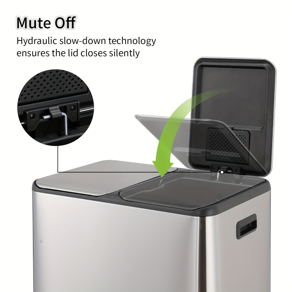 16 Gal Dual Kitchen Trash Can W\u002F2 Built-in Box for Odor Control, Hands-Free Garbage Bin, Recycle Waste Dustbin, Soft-Close Lid, 2 Buckets, Foot Pedal, Side Handle, Airtight, for Home Office, Bedroom Trash Can with Lid, Stainless Steel Trash Can