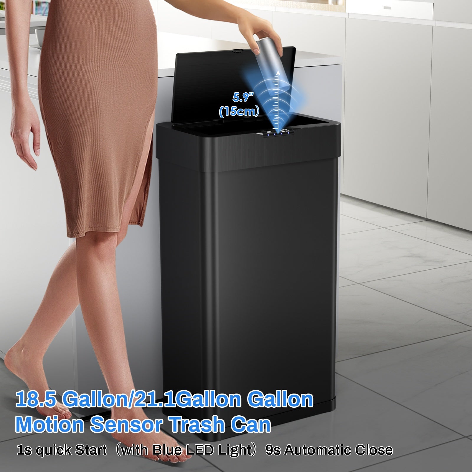 18.5 Gallon (suitable for 60L) Automatic Sensor Trash Can with Touchless Operation, Soft-Close Lid & Bag Holder - Smart Self-Closing Garbage Bin for Kitchen, Office, RV - Brushed Stainless Steel Modern Smart Bin (Low Reminder)