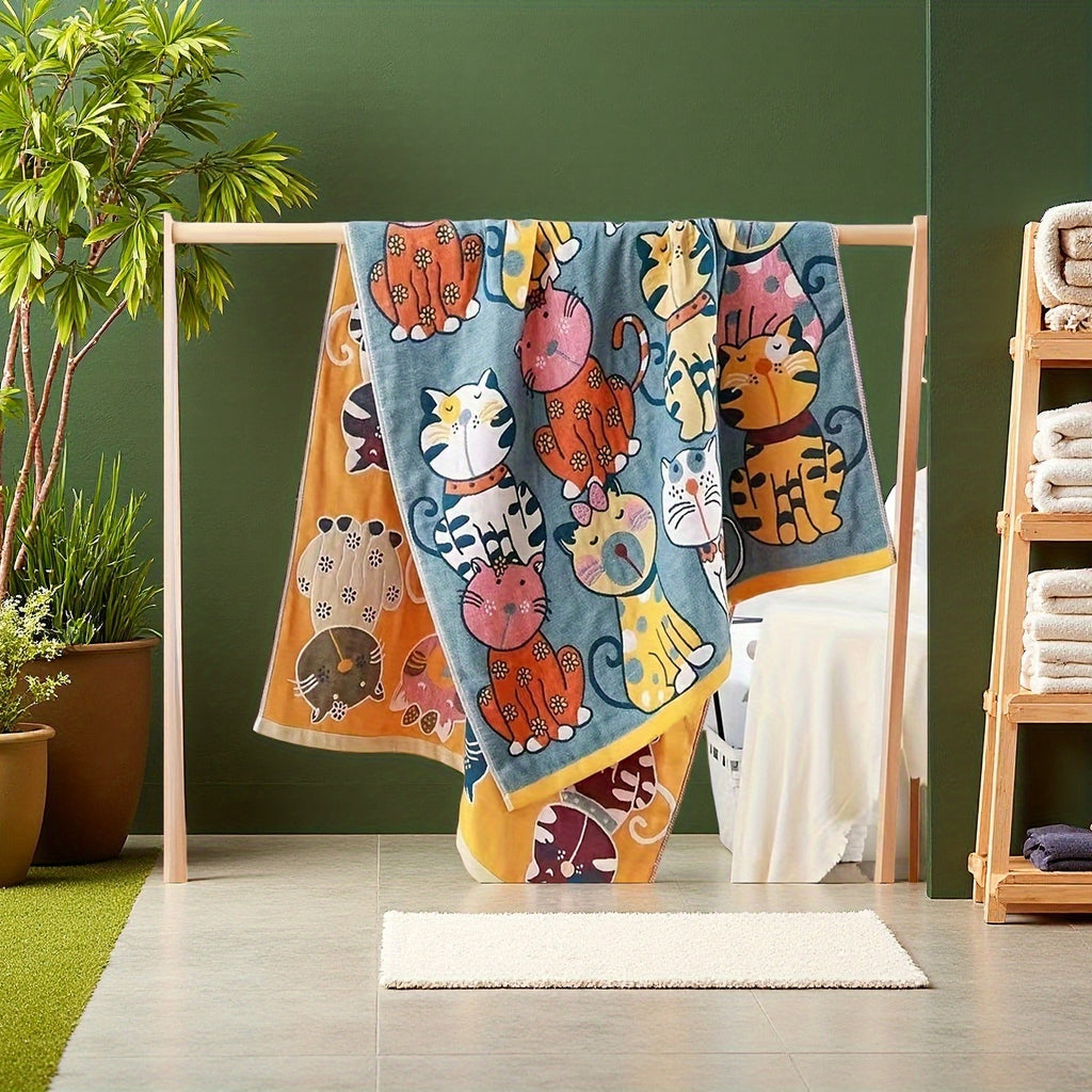 Cotton Bath Towel, Oversized Cartoon Gauze Towel, Super Soft Highly Absorbent Quick-Drying, for Home Bathroom, Breathable Comfortable Household Towel