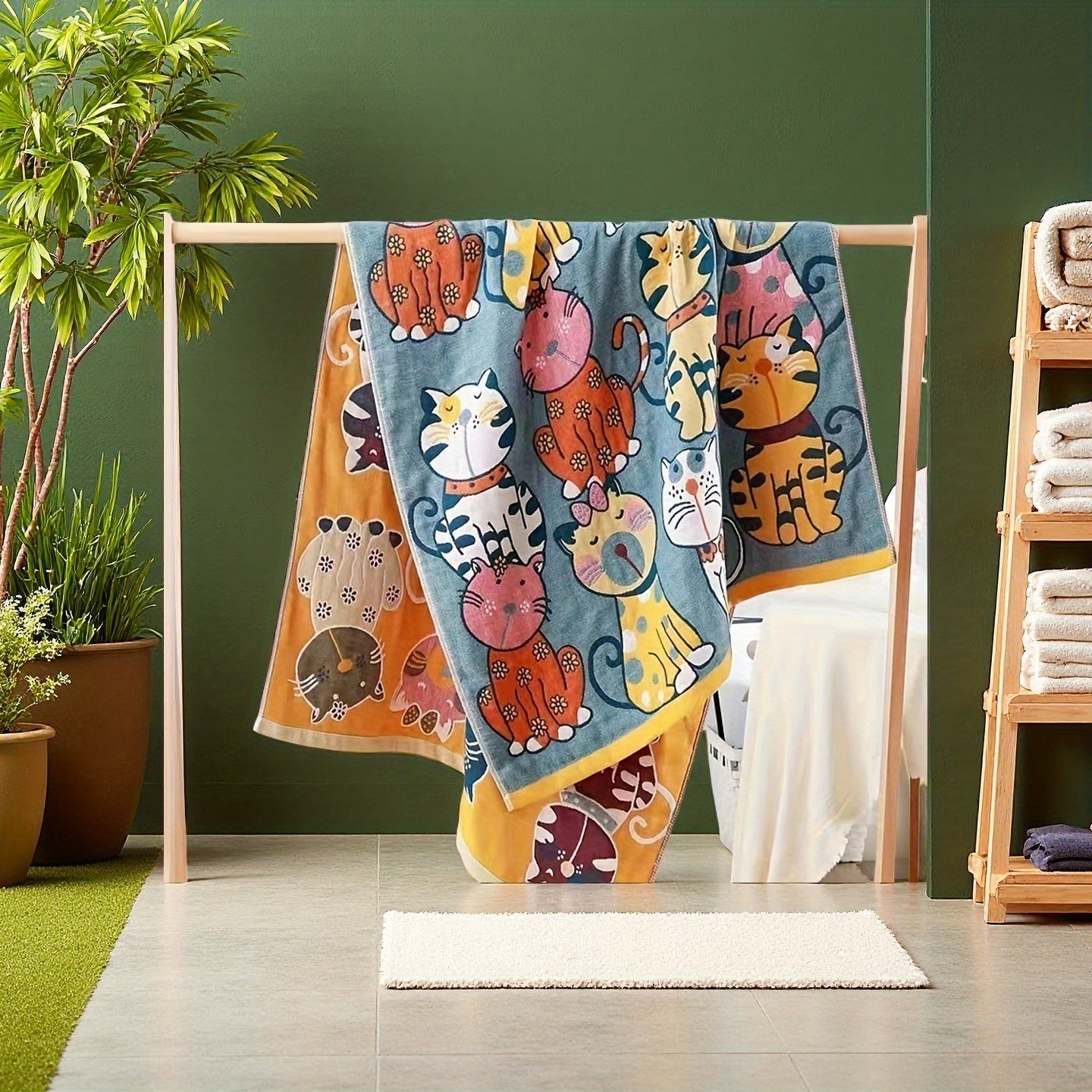 Cotton Bath Towel, Oversized Cartoon Gauze Towel, Super Soft Highly Absorbent Quick-Drying, for Home Bathroom, Breathable Comfortable Household Towel