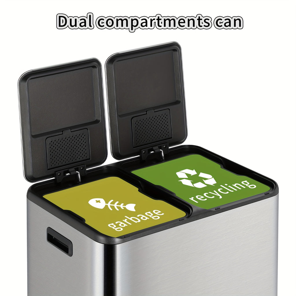 16 Gal Dual Kitchen Trash Can W\u002F2 Built-in Box for Odor Control, Hands-Free Garbage Bin, Recycle Waste Dustbin, Soft-Close Lid, 2 Buckets, Foot Pedal, Side Handle, Airtight, for Home Office, Bedroom Trash Can with Lid, Stainless Steel Trash Can