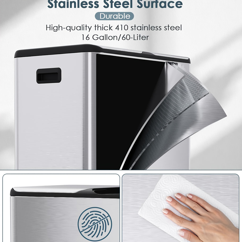 16 Gal Dual Kitchen Trash Can W\u002F2 Built-in Box for Odor Control, Hands-Free Garbage Bin, Recycle Waste Dustbin, Soft-Close Lid, 2 Buckets, Foot Pedal, Side Handle, Airtight, for Home Office, Bedroom Trash Can with Lid, Stainless Steel Trash Can