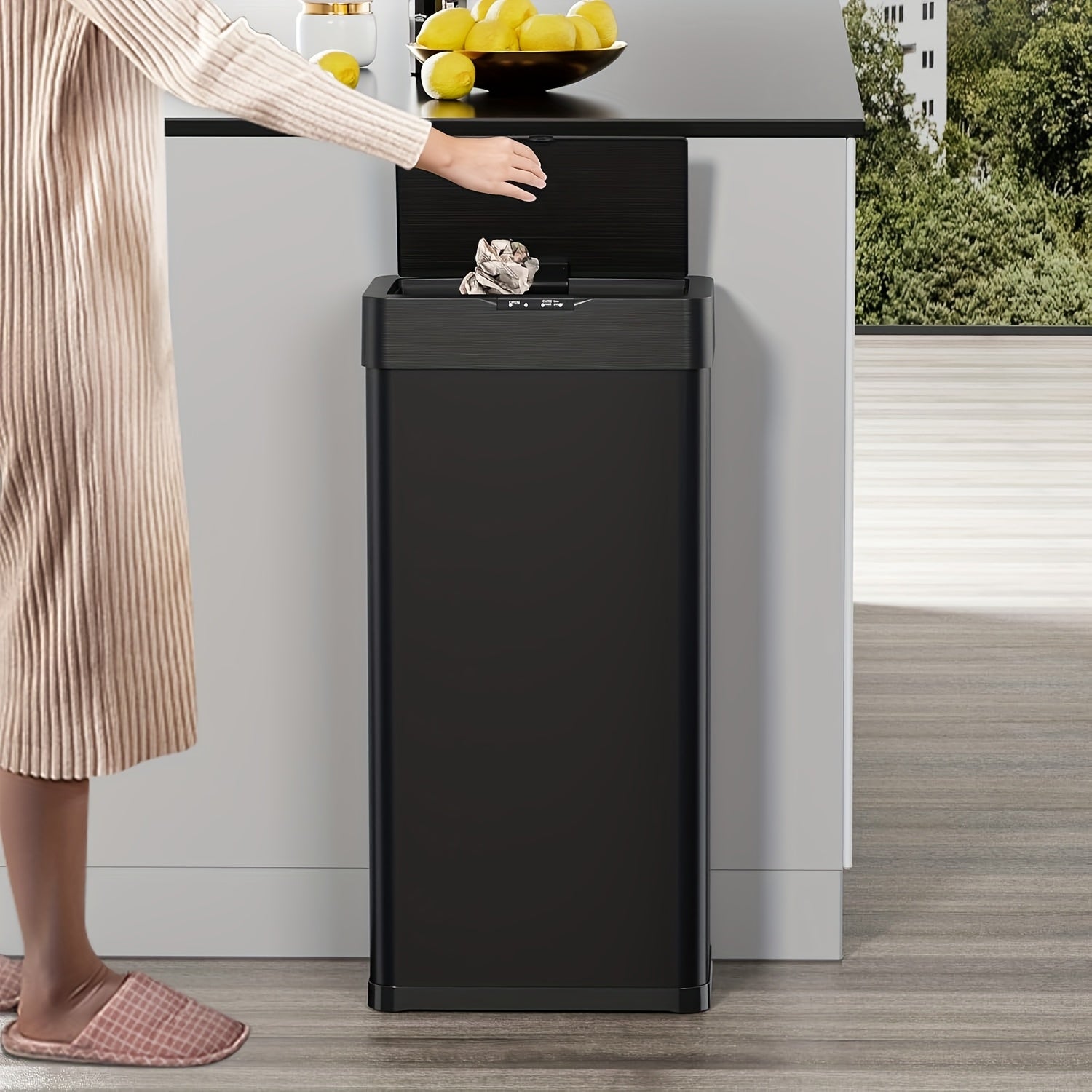 18.5 Gallon (suitable for 60L) Automatic Sensor Trash Can with Touchless Operation, Soft-Close Lid & Bag Holder - Smart Self-Closing Garbage Bin for Kitchen, Office, RV - Brushed Stainless Steel Modern Smart Bin (Low Reminder)