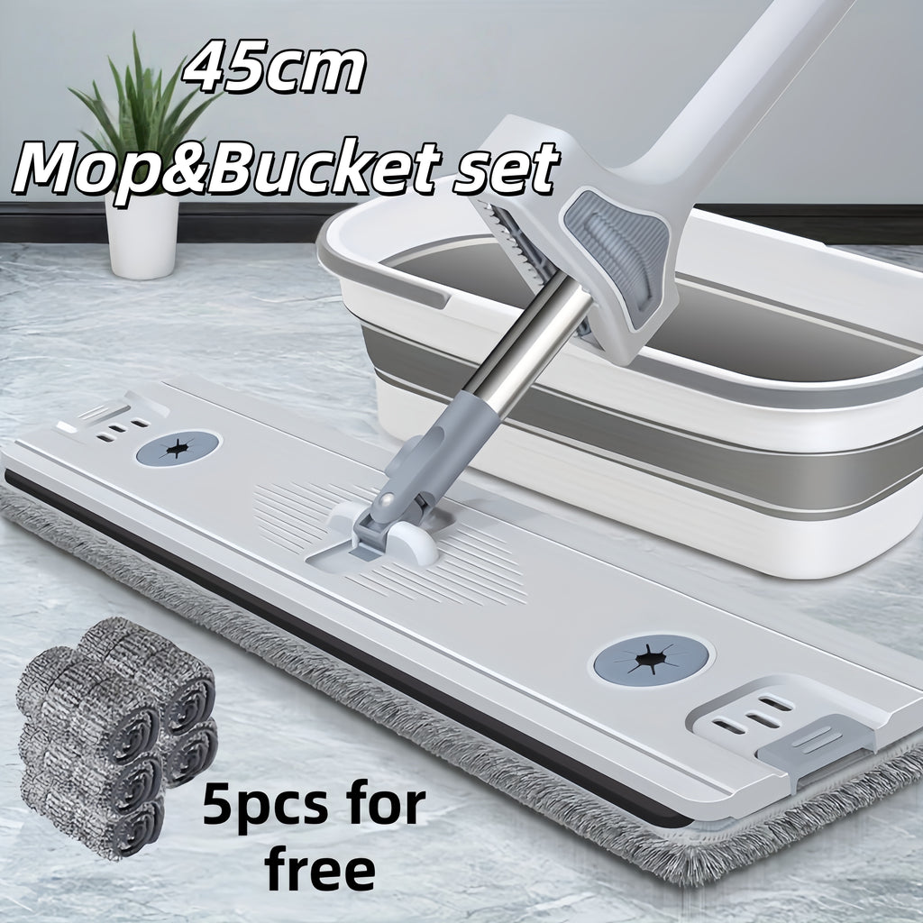 17.72inch Flat Mop and Folding Bucket Set with 5 Reusable Mop Pads | Heavy-Duty Wet\u002FDry Floor, 360° Rotating Head, Hands-Free Wringing System, Space-Saving Design for Hardwood, Tile, Laminate Floors - Low-Maintenance Mop System, Spray Mop