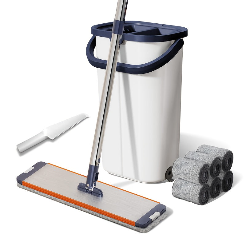 Mop And Bucket with Wringer Set for Home, Sturdy Aluminium Mops for Floor Cleaning, Large Flat Mopping Bucket System, Wall Cleaner with 6 Microfiber Pads, for Cleaning Floors, Windows, Courtyards, And Bathrooms.(Mop + Bucket + 6 Cloths)
