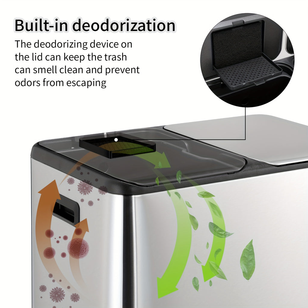 16 Gal Dual Kitchen Trash Can W\u002F2 Built-in Box for Odor Control, Hands-Free Garbage Bin, Recycle Waste Dustbin, Soft-Close Lid, 2 Buckets, Foot Pedal, Side Handle, Airtight, for Home Office, Bedroom Trash Can with Lid, Stainless Steel Trash Can