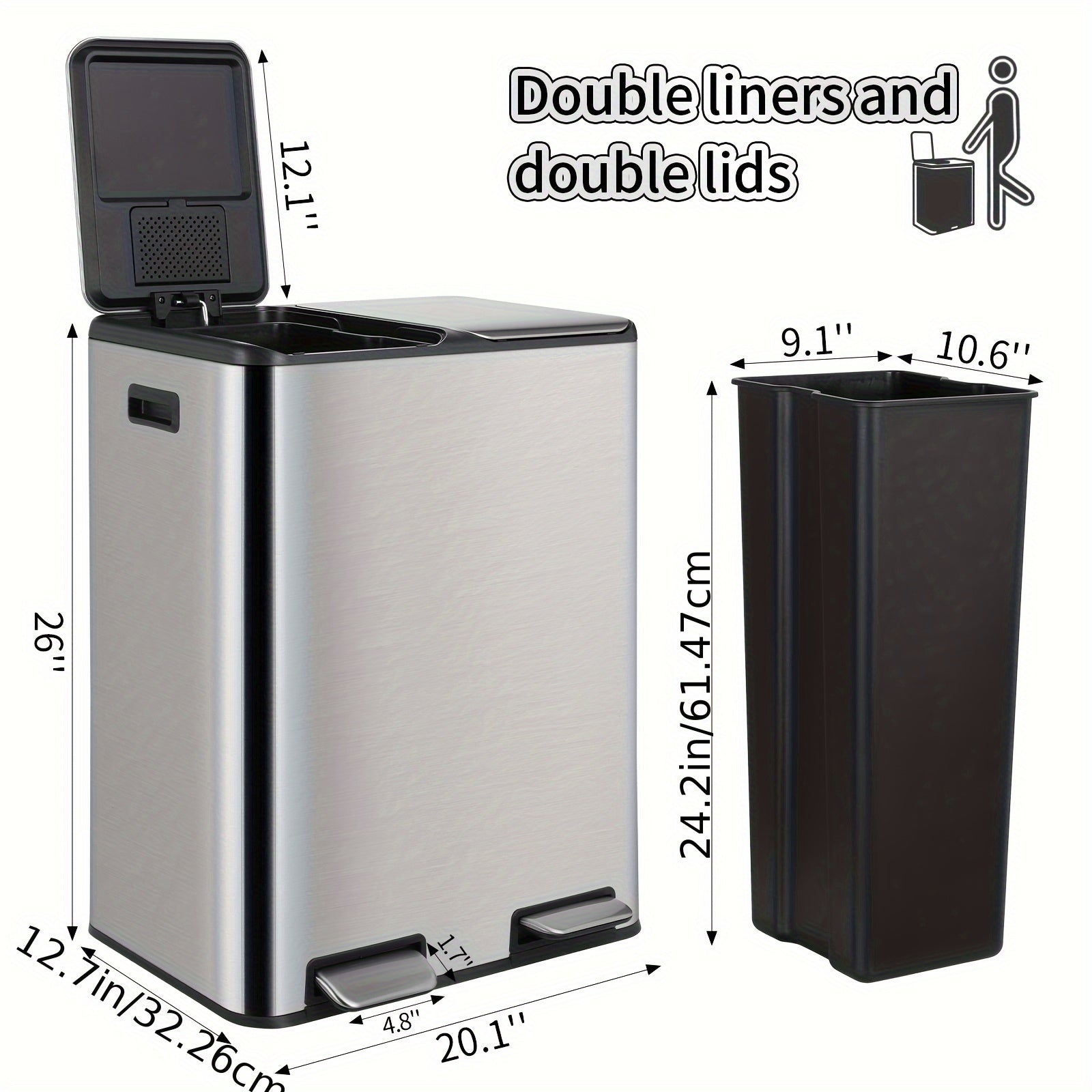 16 Gal Dual Kitchen Trash Can W\u002F2 Built-in Box for Odor Control, Hands-Free Garbage Bin, Recycle Waste Dustbin, Soft-Close Lid, 2 Buckets, Foot Pedal, Side Handle, Airtight, for Home Office, Bedroom Trash Can with Lid, Stainless Steel Trash Can