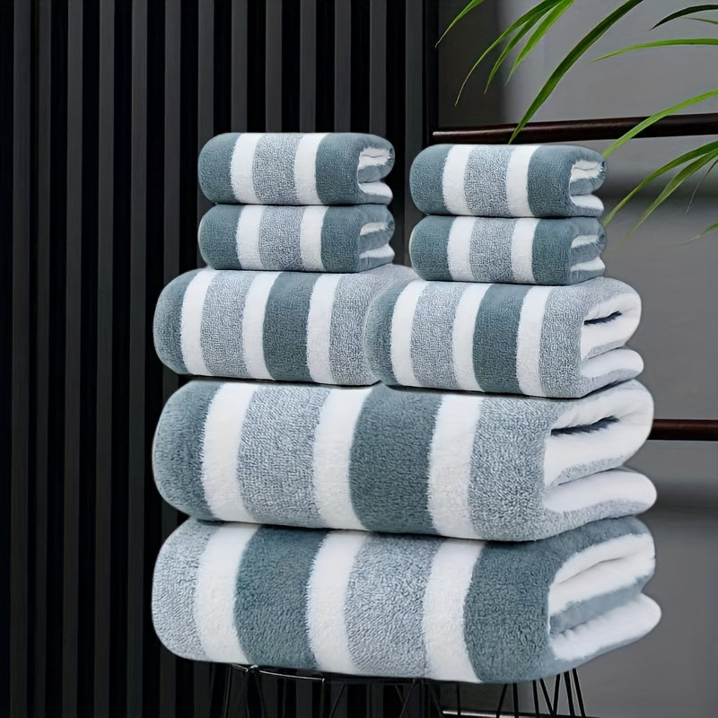 8pcs set, no hair loss, super absorbent, super soft two-color striped interval bath towel combination, including 2 large bath towels, 2 large face towels, 4 hand towels