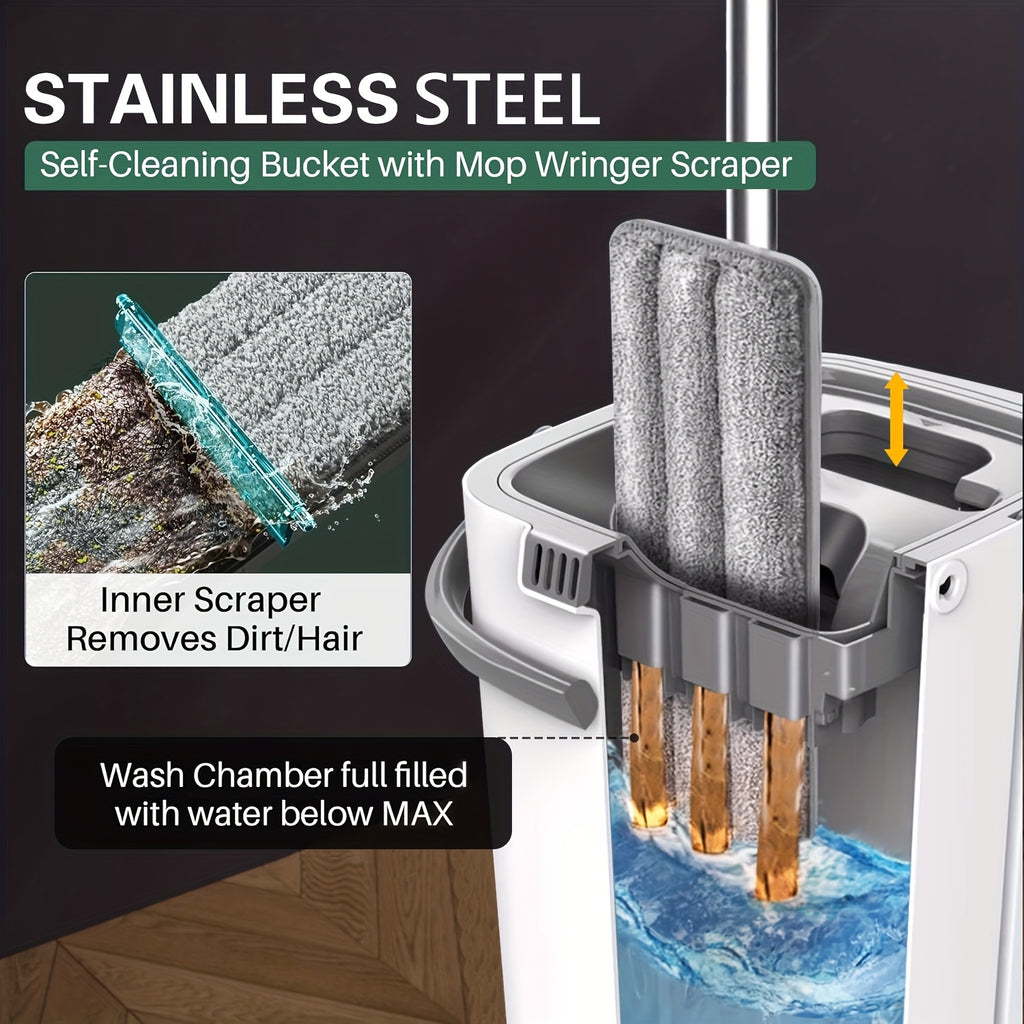 Hands-Free Flat Mop and Bucket Set with 6 Mop Heads - Heavy-Duty Plastic Construction, Space-Saving Bucket with Storage - Wet\u002FDry Cleaning System for Hardwood, Tile, Linoleum Floors - Ideal for Home, Office, Bathroom, Kitchen - Commercial & Resident