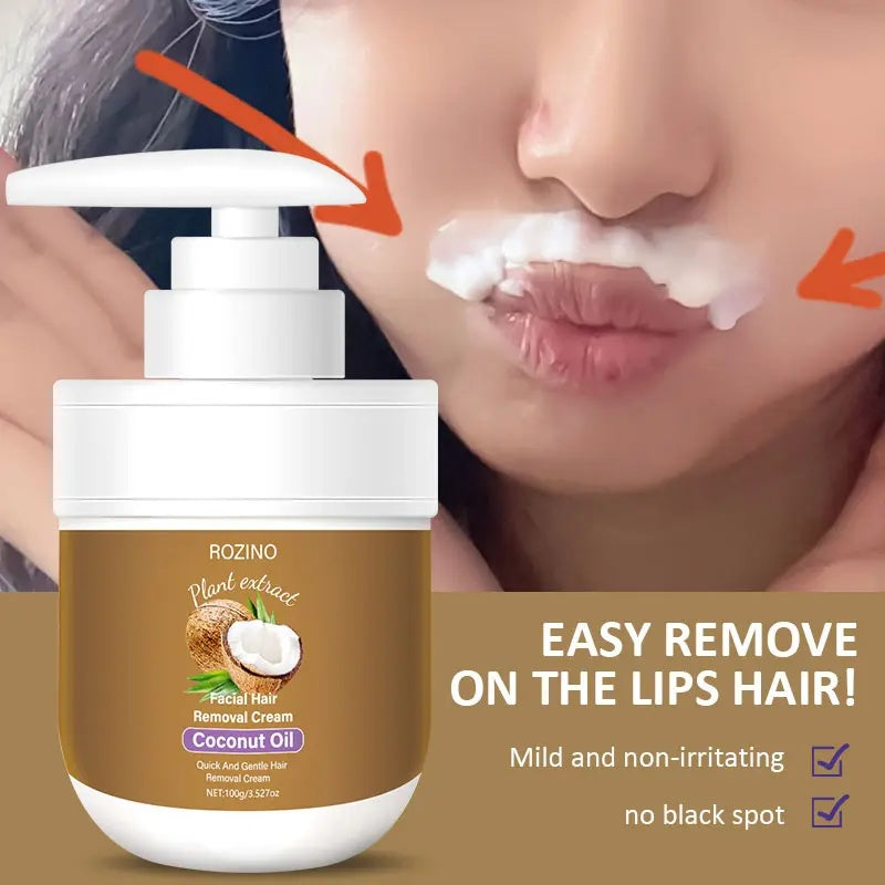 ROZINO Coconut Oil Hair Removal Cream - Gentle & Painless Full Body Depilatory for Face, Arms & Legs