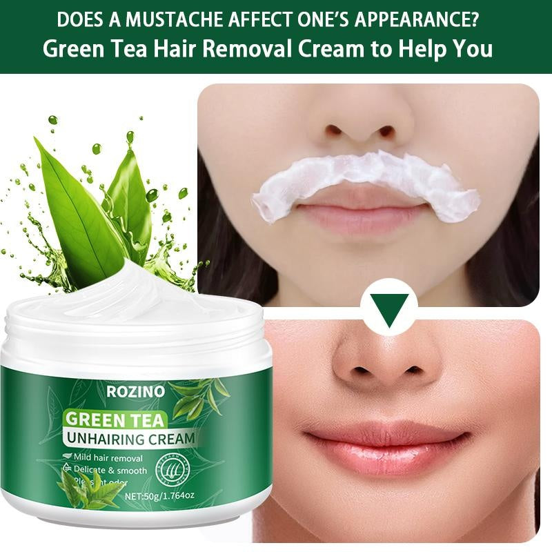ROZINO Green Tea Unhairing Cream - Painless Gentle Hair Removal for Body Face Bikini Lines & Sensitive Skin - Removes Short Thick Hair - Natural Formula 50g