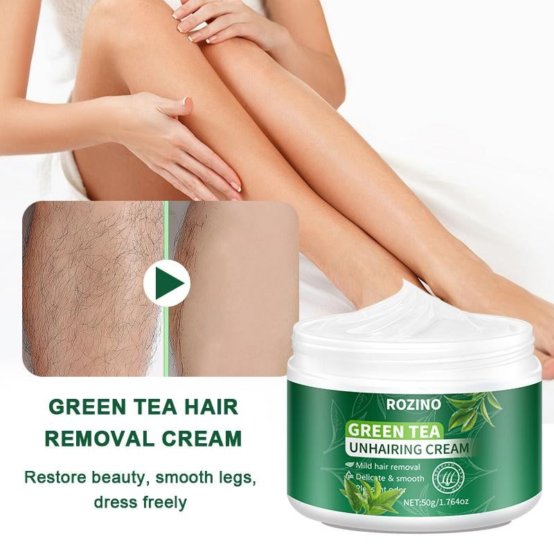 ROZINO Green Tea Unhairing Cream - Painless Gentle Hair Removal for Body Face Bikini Lines & Sensitive Skin - Removes Short Thick Hair - Natural Formula 50g