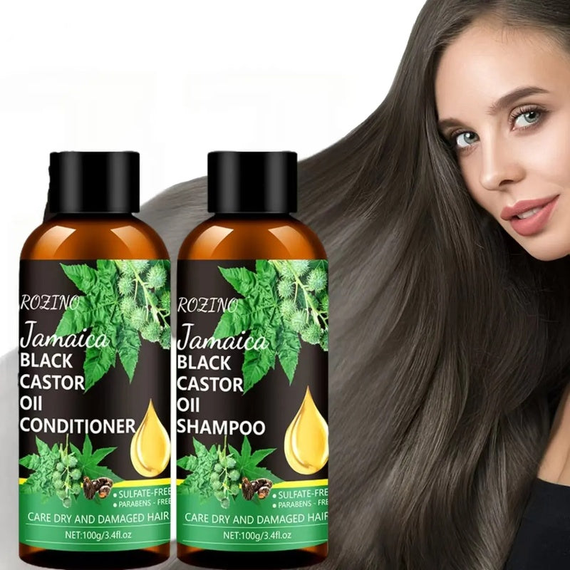 Rozino Jamaica Black Castor Oil Shampoo & Conditioner Set for Dry Damaged Hair Care Cleansing Routine 100g Each Bottle