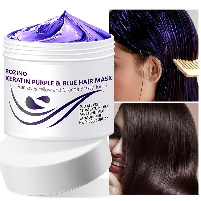 ROZINO Keratin Purple & Blue Hair Mask: Targeted Removal of Yellow and Orange Brassy Tones reusable  extensions